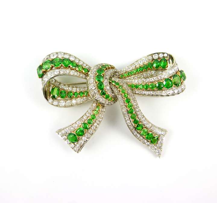 20th century demantoid garnet and diamond bow brooch of 19th century style